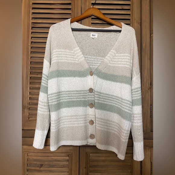 BKE sage/Tan/white SOFT open weave oversized boxy button front cardigan SZ-Small - Picture 5 of 14